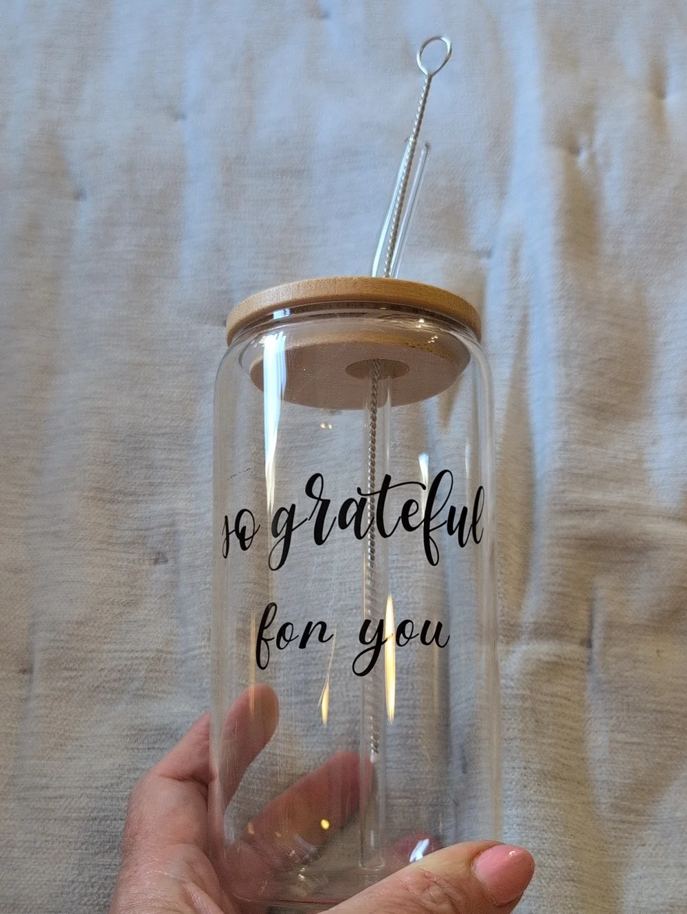 Clear Glass Tumbler with Bamboo Lid and Glass Straw - 